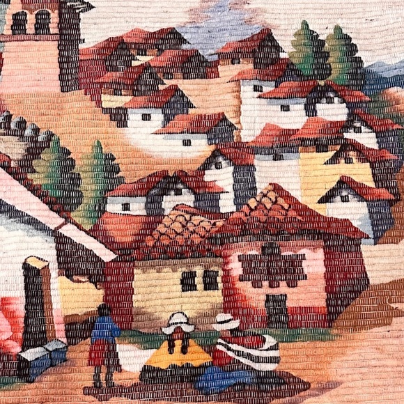 Vintage Peruvian Wool Tapestry Hand Woven Village Scene. - Picture 2 of 4